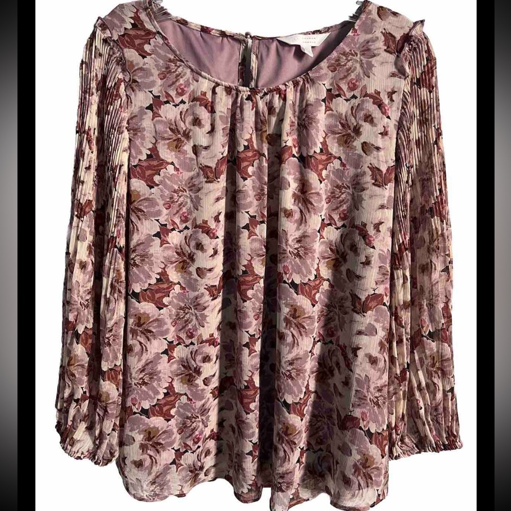 LC Lauren Conrad Women's LG Blouse Top Pleated Long Sleeves Floral Print Lined